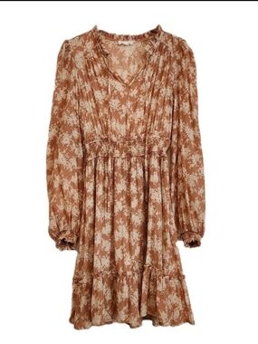 Blu Pepper Rust and Cream Floral Long-Sleeve Smocked-Waist Dress
